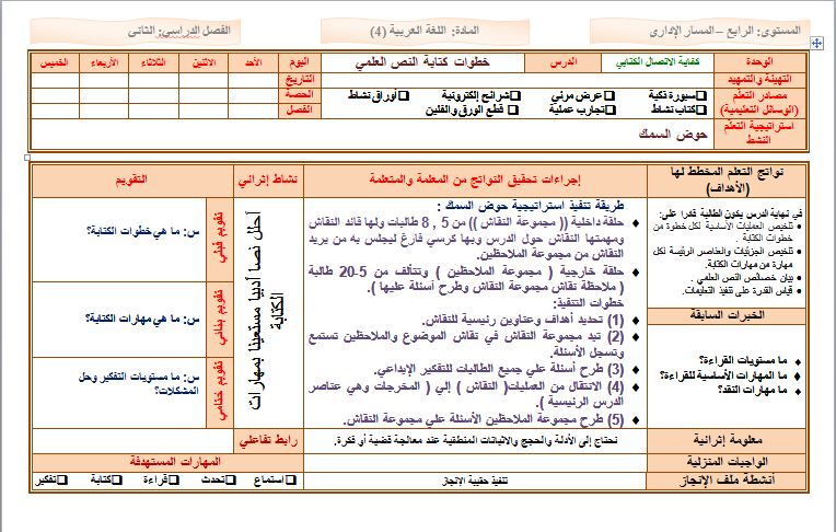 تحاضير مادة اللغة العربية علمي للصف ثاني ثانوي فصلي المستوي الرابع تحاضير مادة اللغة العربية علمي للصف ثاني ثانوي فصلي المستوي الرابع