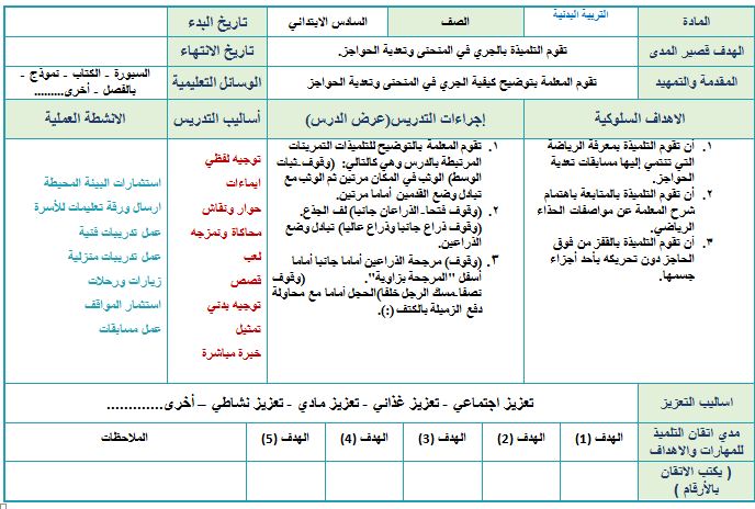 تحضير مادة التربية البدنية التربية الفكرية الصف السادس الابتدائي فصل ثالث