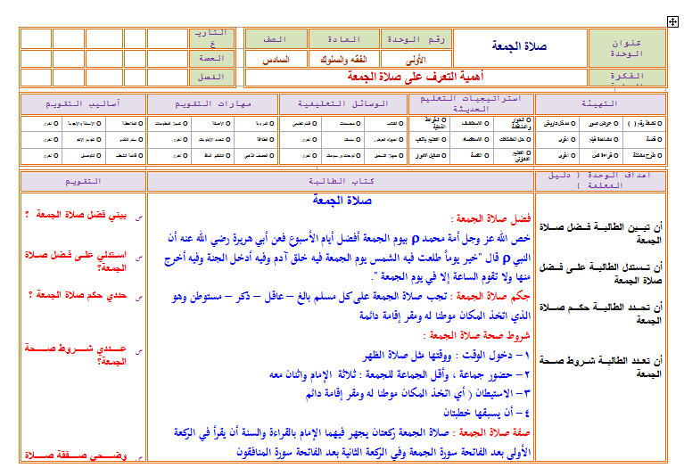 تحضير مادة الفقه للصف السادس الابتدائي الفصل الدراسي الاول