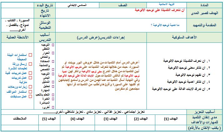 تحضير مادة التربية الإسلامية التربية الفكرية الصف السادس الابتدائي فصل ثالث