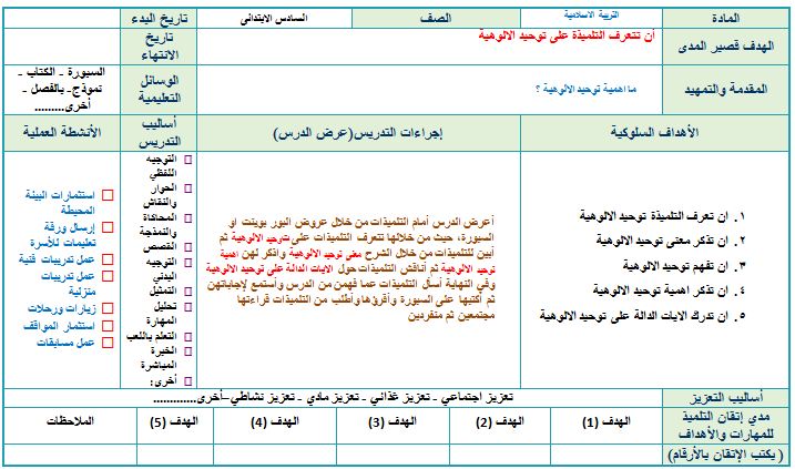 تحضير مادة التربية الإسلامية التربية الفكرية الصف السادس الابتدائي فصل ثالث