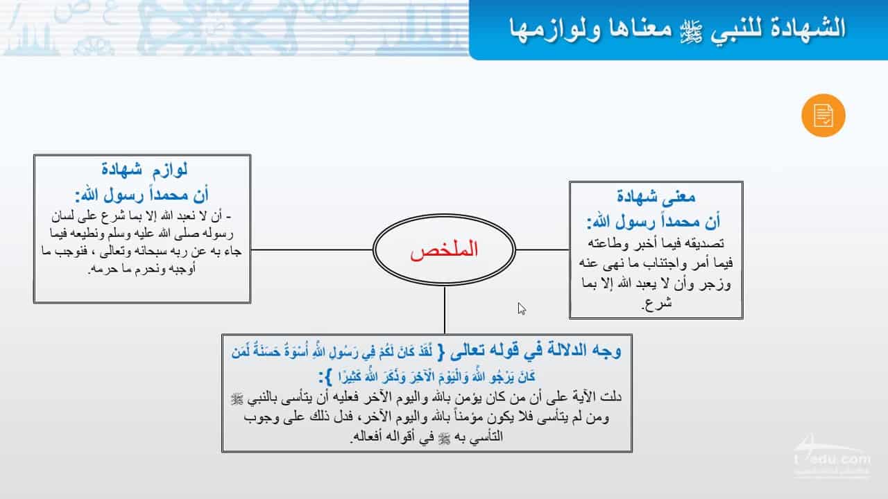 مهارات درس الشهادة للنبي صلى الله عليه وسلم معناها ولوازمها مادة التوحيد 1 نظام مقررات الفصل الدراسي الثاني 1442 هـ