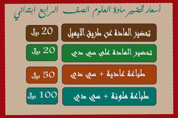 أسعار تحضير مادة العلوم رابع ابتدائي