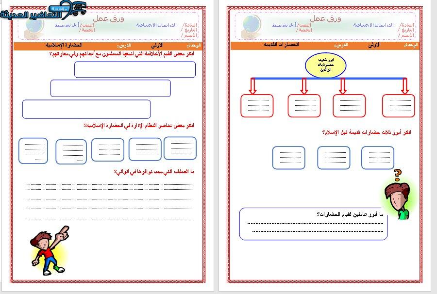 أوراق عمل درس الحضارات القديمة الأجتماعيات الأول المتوسط فصل دراسي أول
