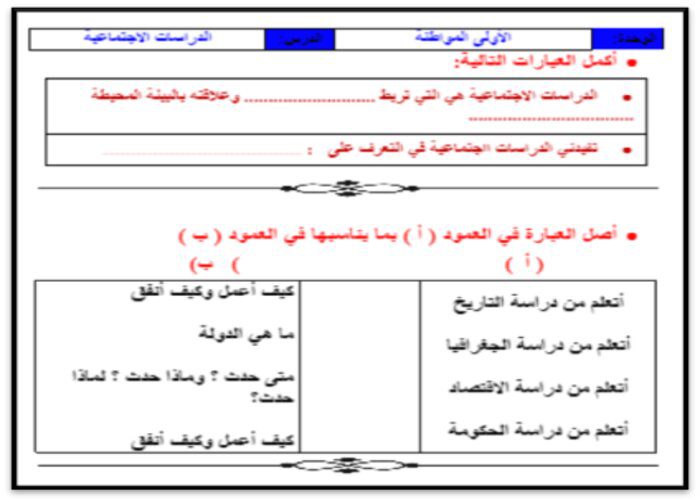 اوراق عمل درس الدراسات الاجتماعية اجتماعيات رابع ابتدائي فصل دراسي اول