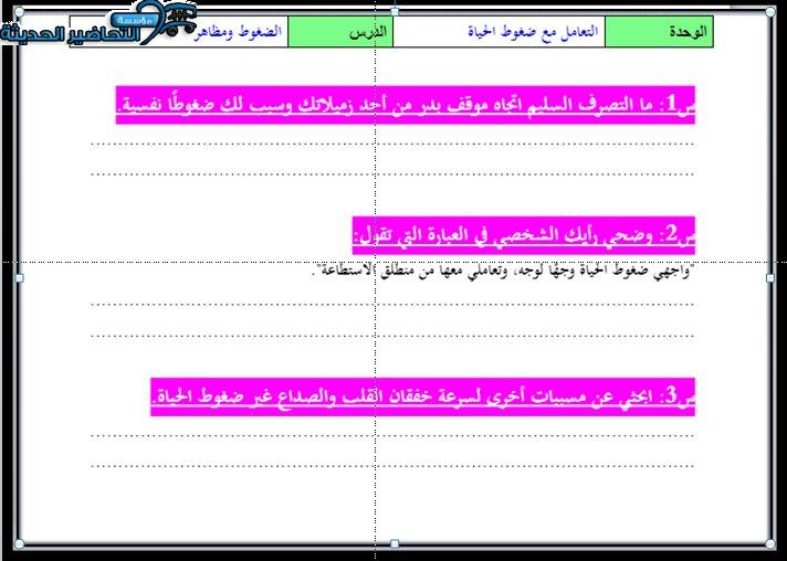 أوراق عمل درس الضغوط ومظاهرها مادة التربية الصحية والنسوية مقررات