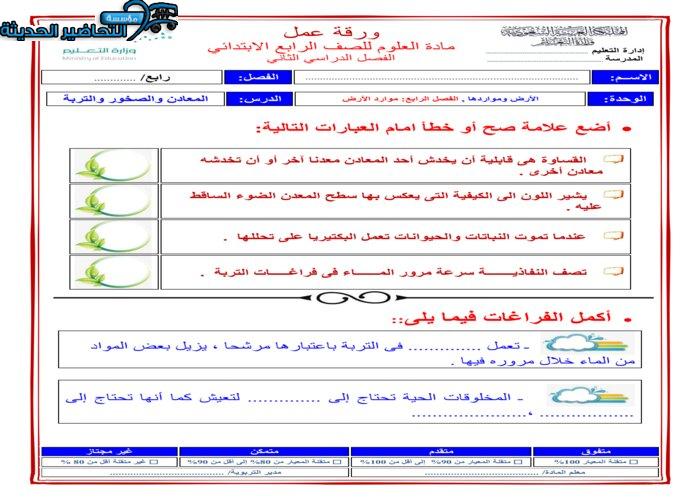 أوراق عمل درس المعادن والصخور مادة العلوم الصف الرابع الابتدائي