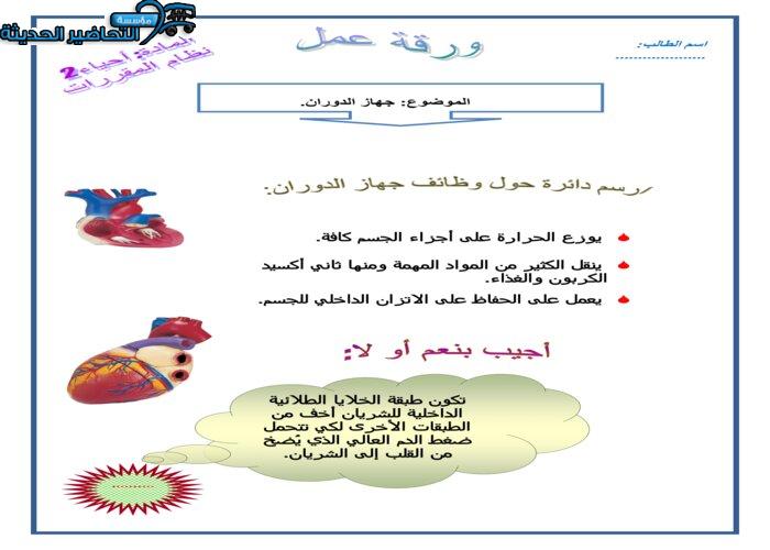 أوراق عمل درس جهاز الدوران مادة الاحياء 2 نظام مقررات