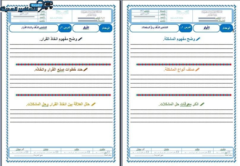 أوراق عمل مادة التفكير الناقد مسارات الفصل الأول