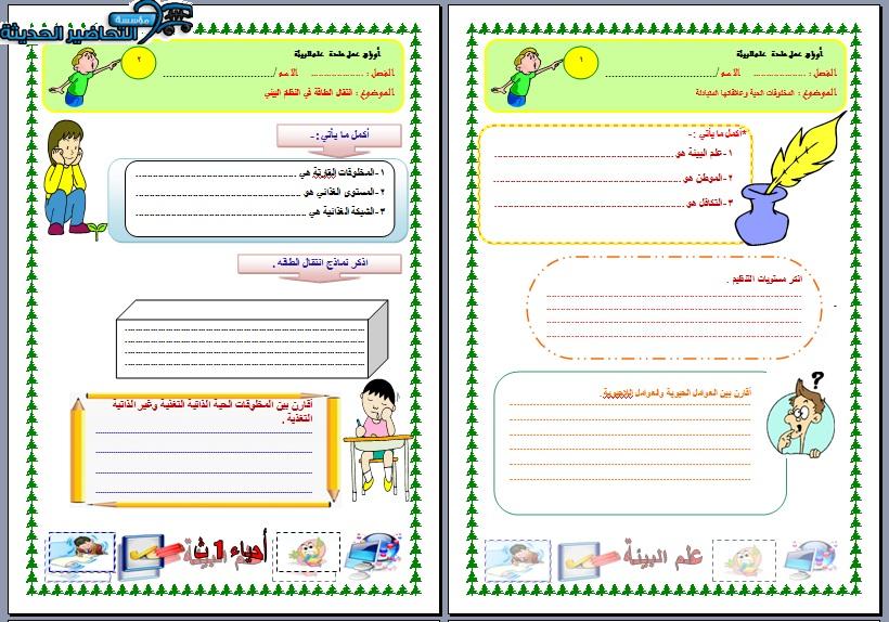 أوراق عمل مادة علم البيئة والتربية البيئية مقررات الفصل الأول