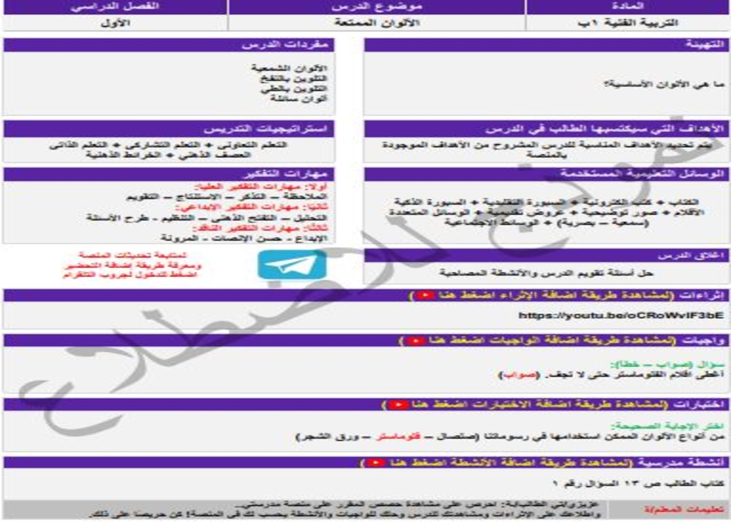 إغلاق الدرس منصه مدرستي تربية فنية الصف الأول الابتدائي الفصل الثاني