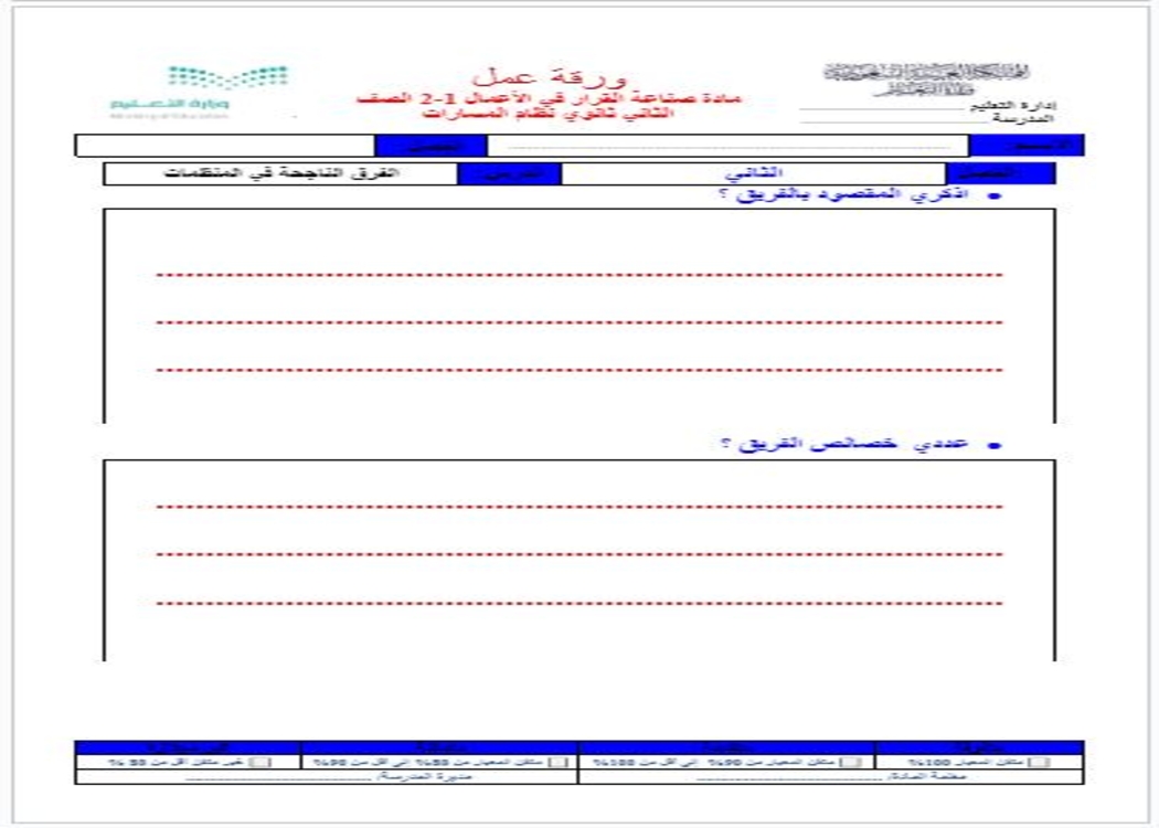 اختبار منصة مدرستي صناعة القرار في الاعمال 1-2 مسارات الفصل الثاني