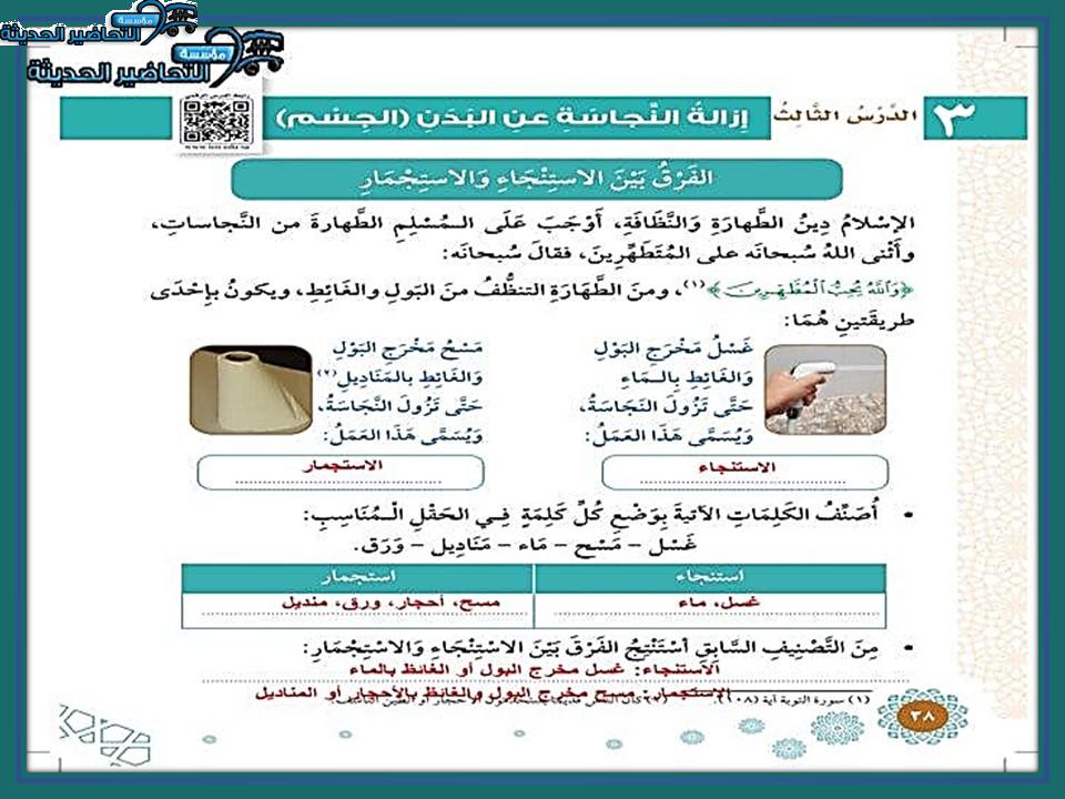 اذكر الفرق بين الاستنجاء والاستجمار ؟ لمادة الفقه ثالث ابتدائي