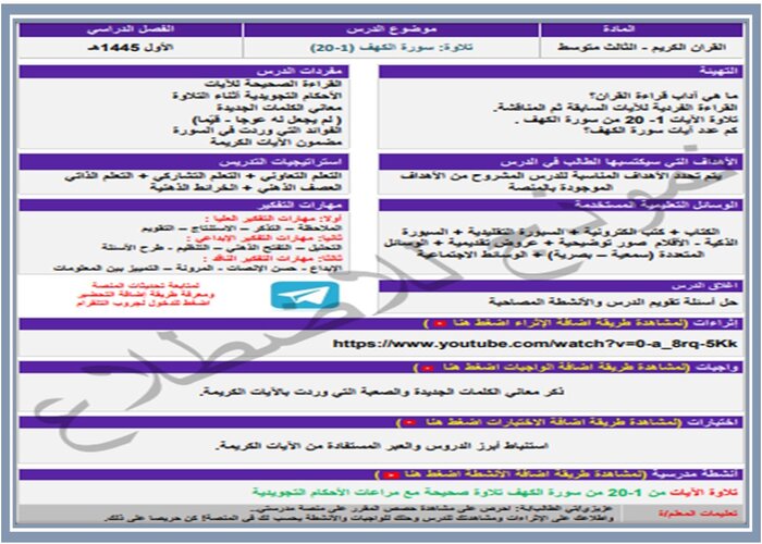 اغلاق الدرس منصة مدرستى مادة قرآن كريم الصف الثالث متوسط الفصل الثاني  
