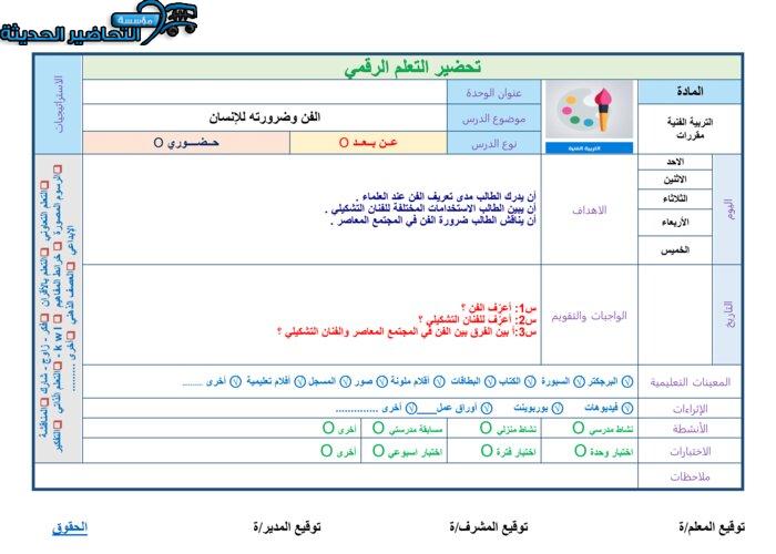 التحضير الإلكتروني لمادة تربية فنية مقررات على الإيميل