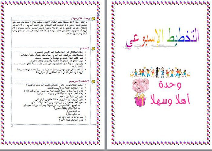 تخطيط اسبوعي وحدة اهلا وسهلا رياض اطفال تخطيط اسبوعي وحدة اهلا وسهلا رياض اطفال