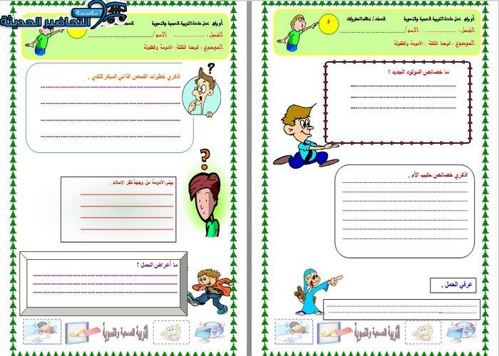 اوراق عمل درس التثقيف الصحي أثناء الحمل مادة التربية الصحية والنسوية مقررات
