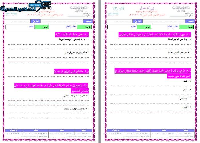 اوراق عمل درس التغذية الوجبات الغذائية مادة التربية الصحية والنسوية مقررات