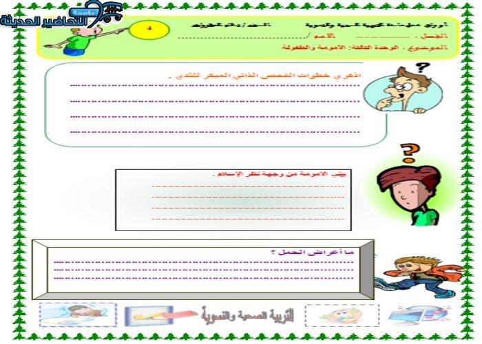 اوراق عمل درس الفحص الذاتي للثدي مادة التربية الصحية والنسوية مقررات