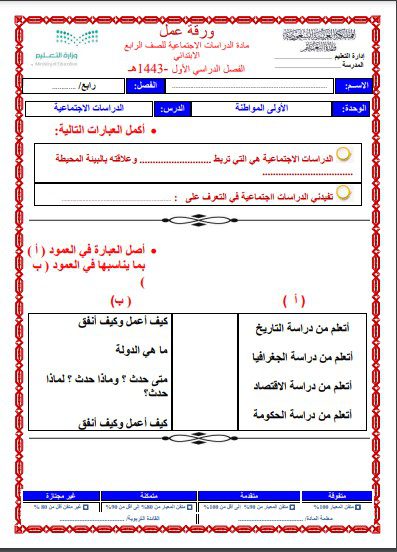 اوراق عمل درس الهوية الوطنية اجتماعيات رابع ابتدائي فصل دراسي اول