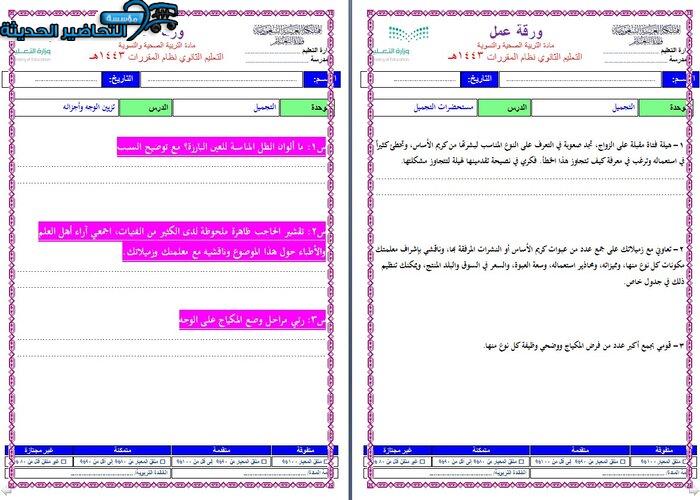 اوراق عمل درس توجيهات جمالية مادة التربية الصحية والنسوية مقررات