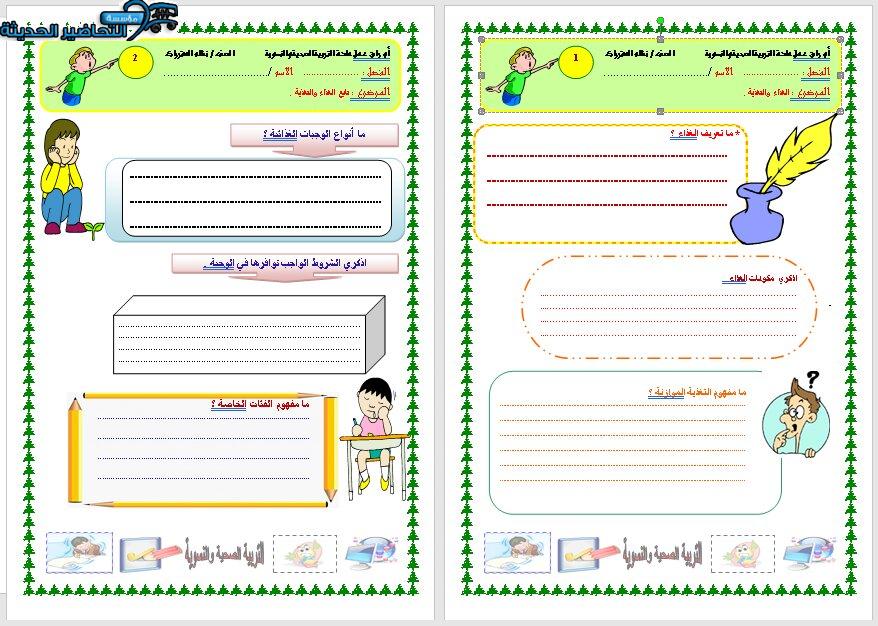 اوراق عمل درس (كيكة التفاح) مادة التربية الصحية والنسوية مقررات