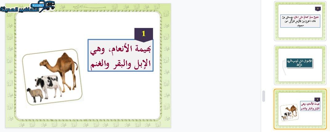 بوربوينت درس زكاة بهيمة الأنعام مادة الدراسات الاسلامية للصف السادس الابتدائي