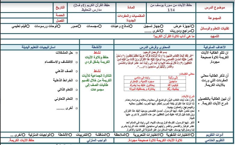 تحضير القرآن الكريم تحفيظ الصف الأول المتوسط الفصل الثالث