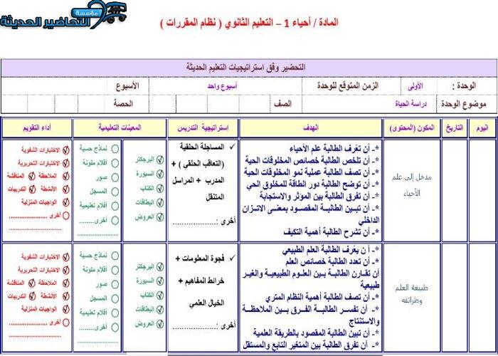 نموذج من تحضير مادة احياء 1 مقررات