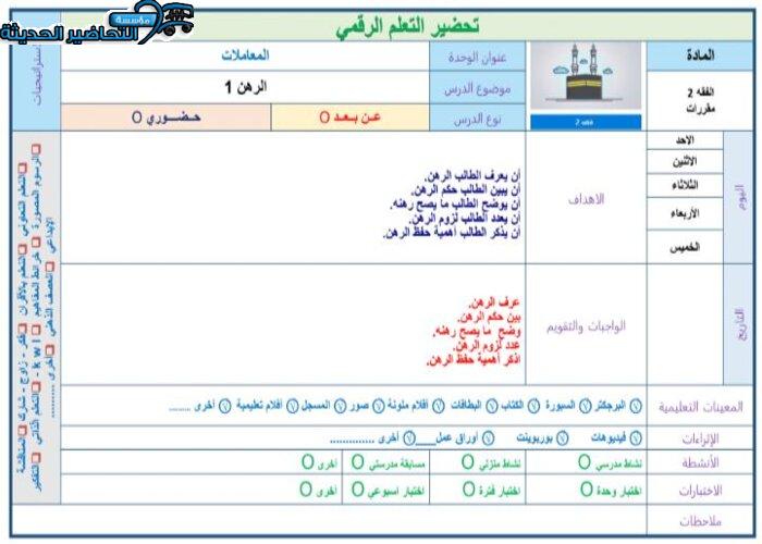 حل أسئلة درس الرهن مادة فقه 2 مقررات