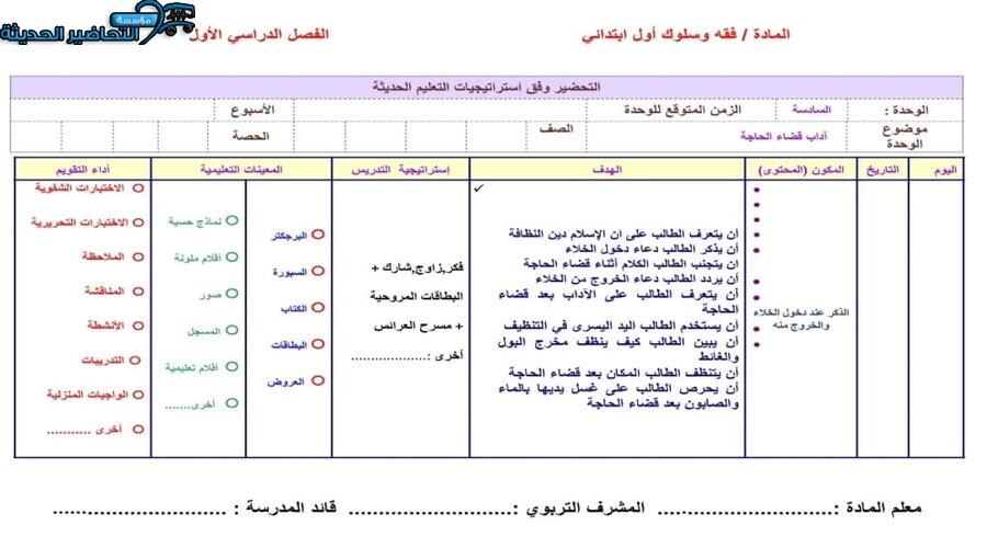 تحضير درس أداب قضاء الحاجة مادة الفقه للصف الأول الإبتدائي الفصل الدراسي الثاني