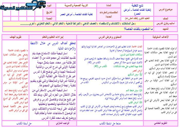 تحضير درس أمراض العصر (السكري) مادة التربية الصحية والنسوية مقررات