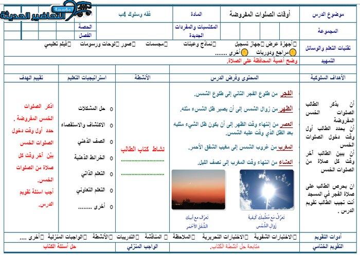 تحضير درس أوقات الصلوات المفروضة مادة الفقه للصف الرابع الابتدائي