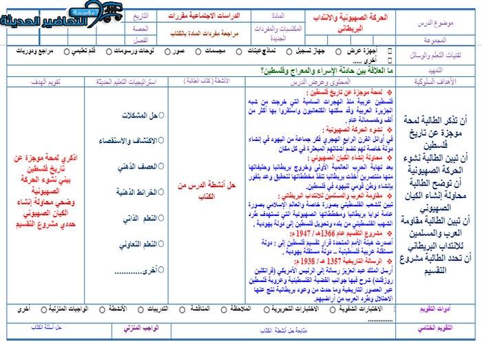 تحضير درس الحركة الصهيونية والانتداب البريطاني مادة الدراسات الاجتماعية مقررات