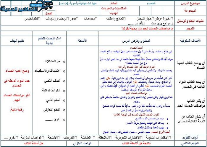تحضير درس الحساء مادة التربية الأسرية الأول المتوسط