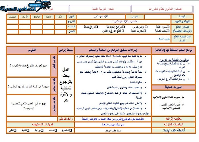 تحضير درس الخزف الإسلامي مادة التربية الفنية نظام المقررات