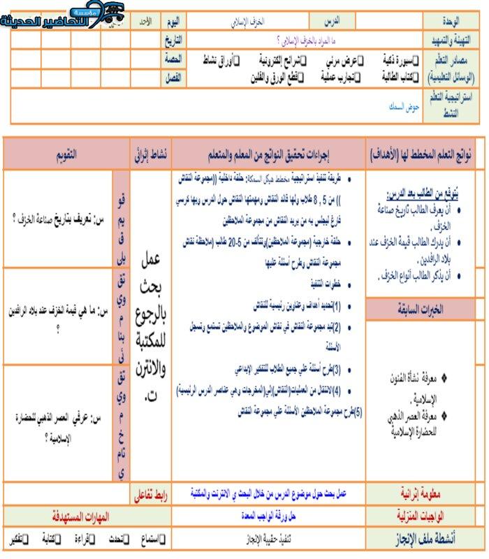 تحضير درس الخزف الإسلامي مادة التربية الفنية نظام المقررات