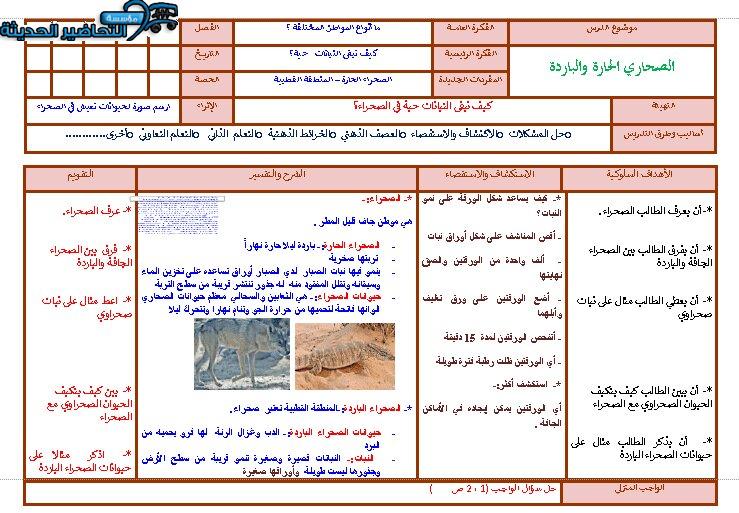 تحضير درس الصحاري الحارة والباردة لمادة العلوم الصف الثاني الابتدائي