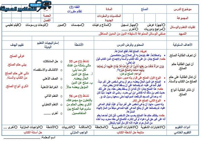  تحضير درس الصلح مادة الفقه 2 مقررات 