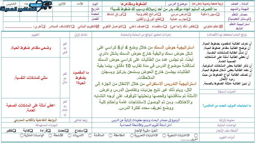 تحضير درس الضغوط ومظاهرها مادة التربية الصحية والنسوية مقررات