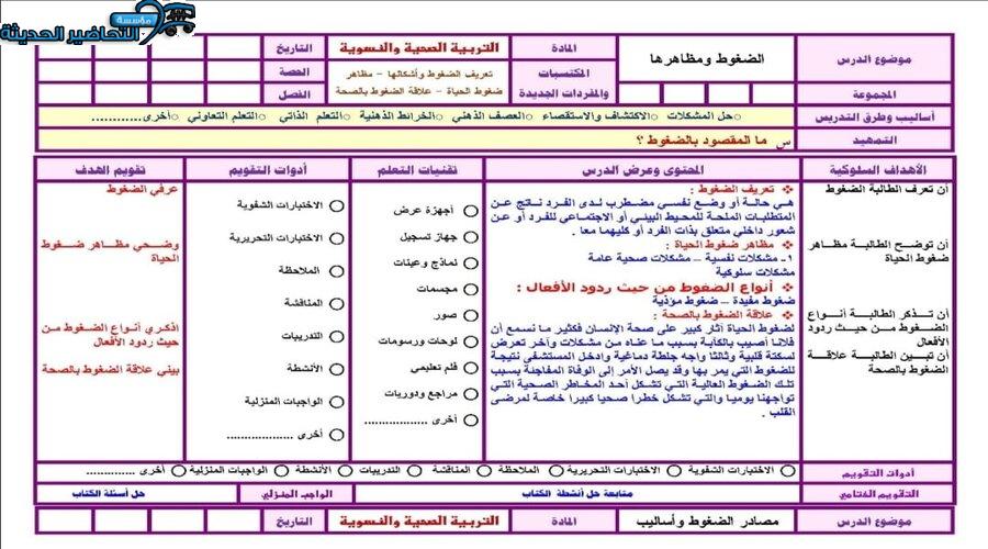 تحضير درس الضغوط ومظاهرها مادة التربية الصحية والنسوية مقررات