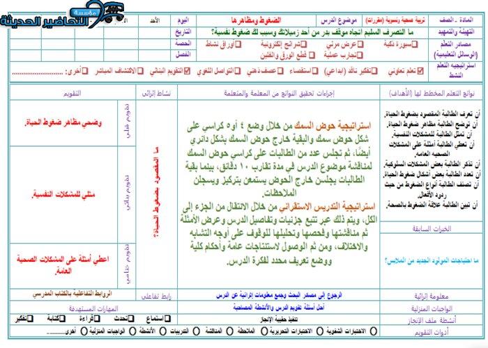 تحضير درس الضغوط ومظاهرها مادة التربية الصحية والنسوية مقررات