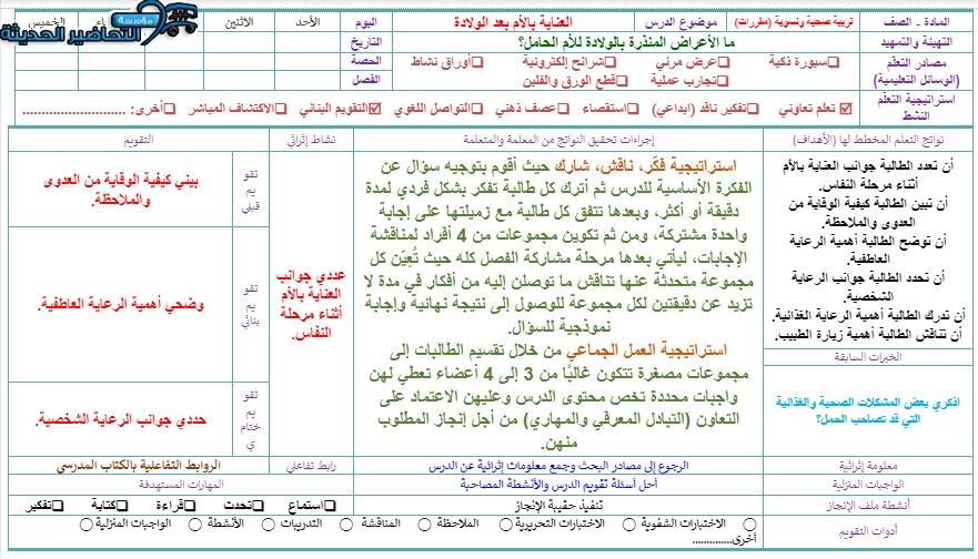 تحضير درس العناية بالأم بعد الولادة مادة التربية الصحية والنسوية مقررات