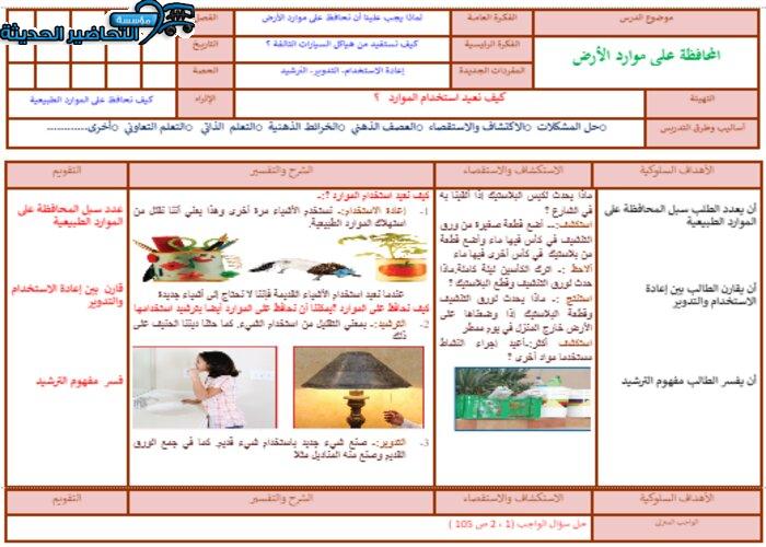 تحضير درس المحافظة على موارد الارض مادة العلوم الصف الاول الابتدائي باستخدام الطريق البنائية