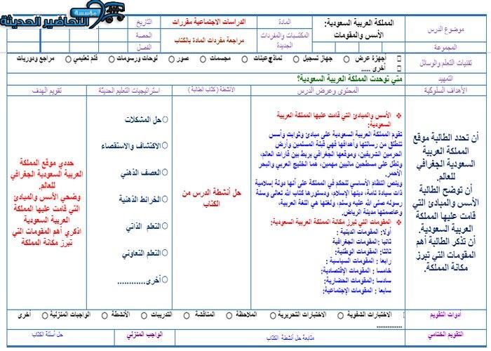 تحضير درس المملكة العربية السعودية الأسس والمقومات مادة الدراسات الاجتماعية مقررات