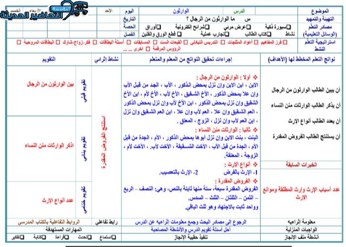 تحضير درس الوارثون مادة فقه 2 مقررات
