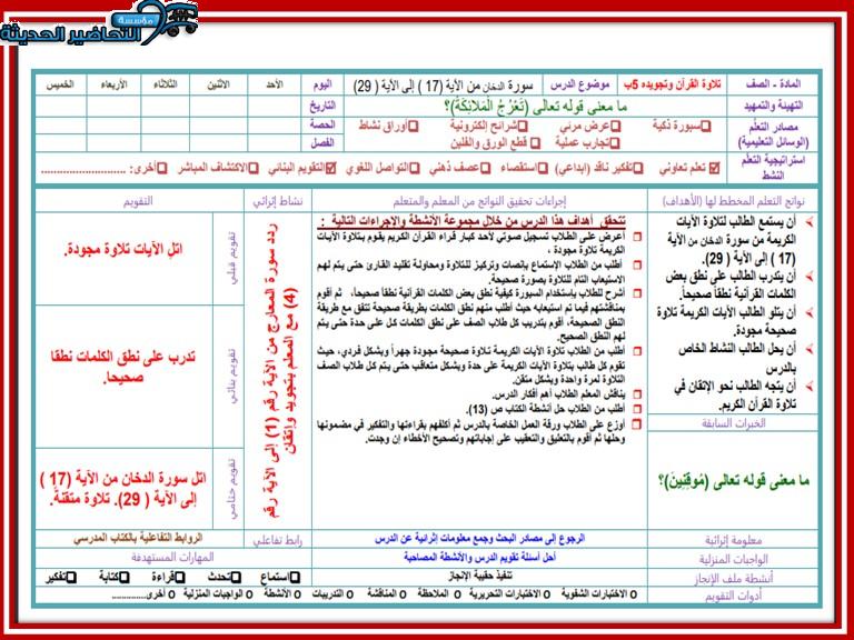 تحضير درس تلاوة سورة الدخان مادة القرآن للصف الخامس الإبتدائى الفصل الاول