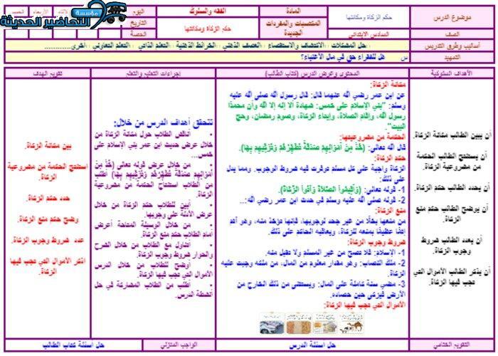 تحضير درس زكاة الخارج من الأرض مادة الدراسات الإسلامية للصف السادس الابتدائي