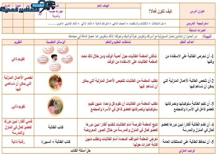 تحضير درس كيف تكونين فعالة مادة التربيه الاسريه ثالث متوسط فصل اول