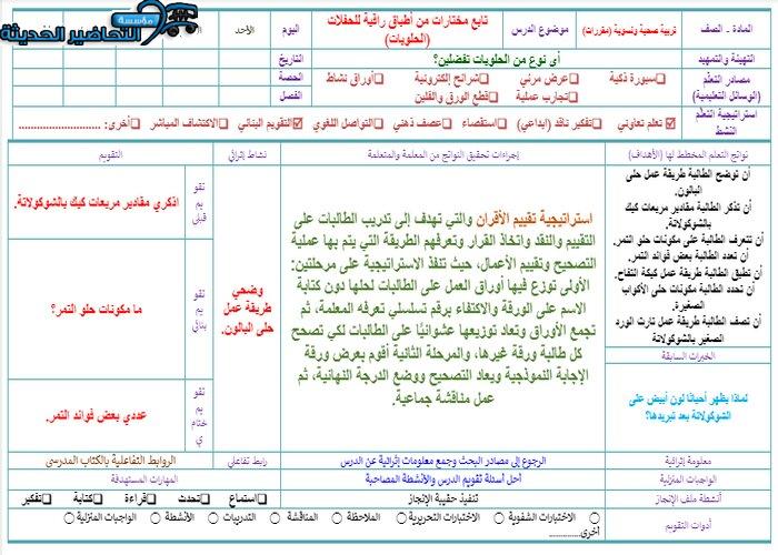 تحضير درس (كيكة التفاح) مادة التربية الصحية والنسوية مقررات